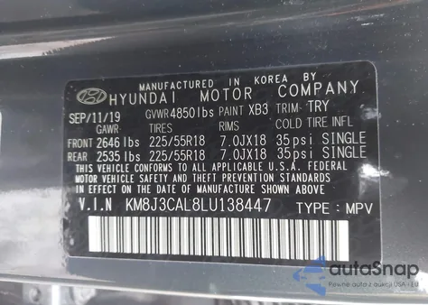 2020 Hyundai Tucson Ultimate из США, поврежденный, VIN KM8J3CAL8LU138447